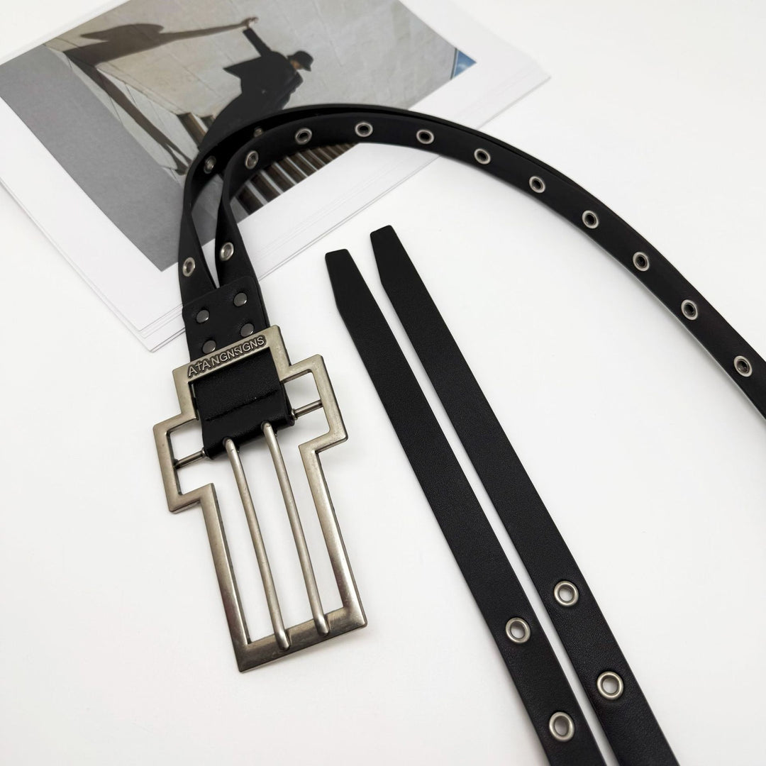 Distressed Cross Buckle Split Leather Belt