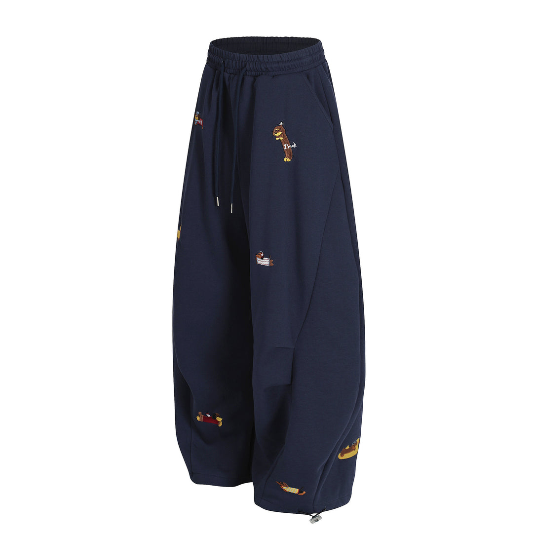 Cartoon Dog Print Straight-Leg Trousers Curved-Cut Casual Pants