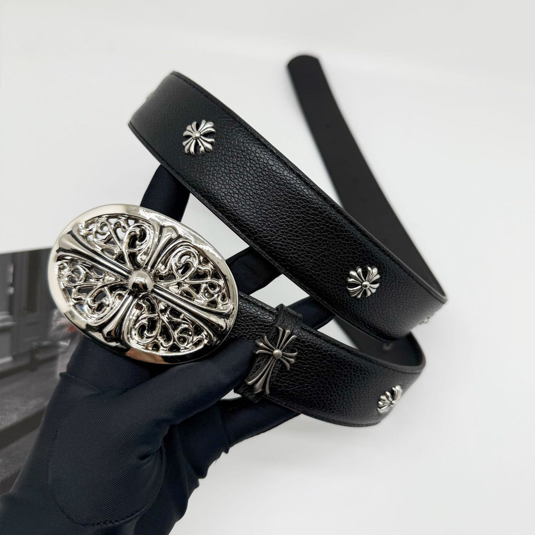 Chrome Hearts Cemetery Cross Classic PU Leather Belt with Rivets