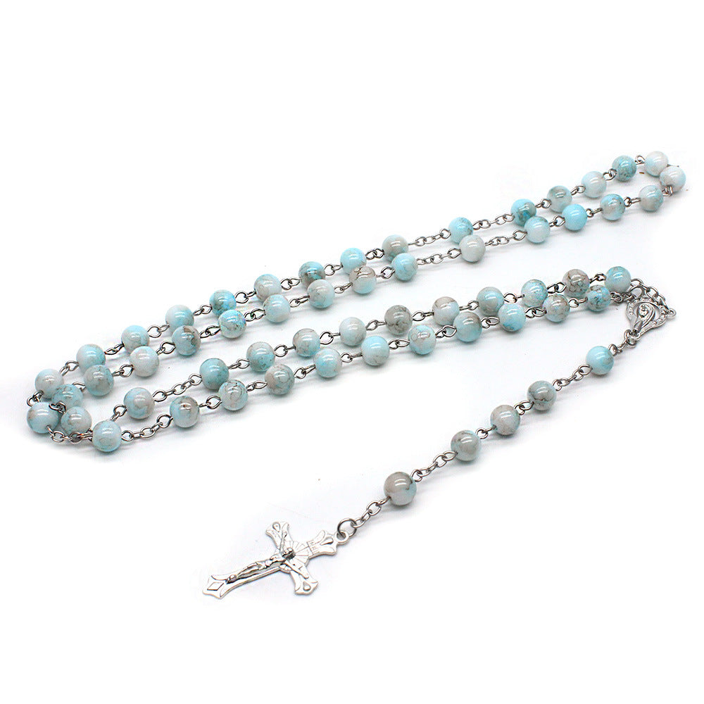 Zebra Blue Rosary Necklace Cross Necklace