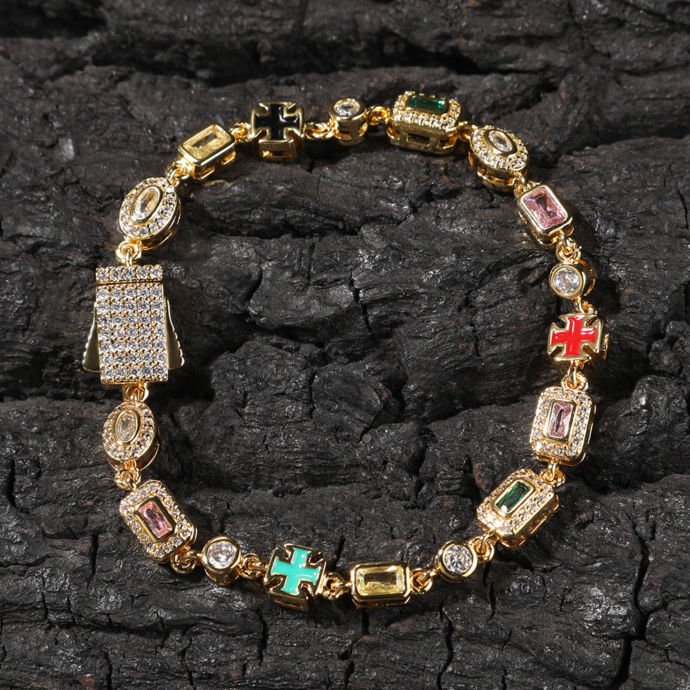Hip-Hop Diamond-Encrusted 6mm Colored Gemstone Bracelet