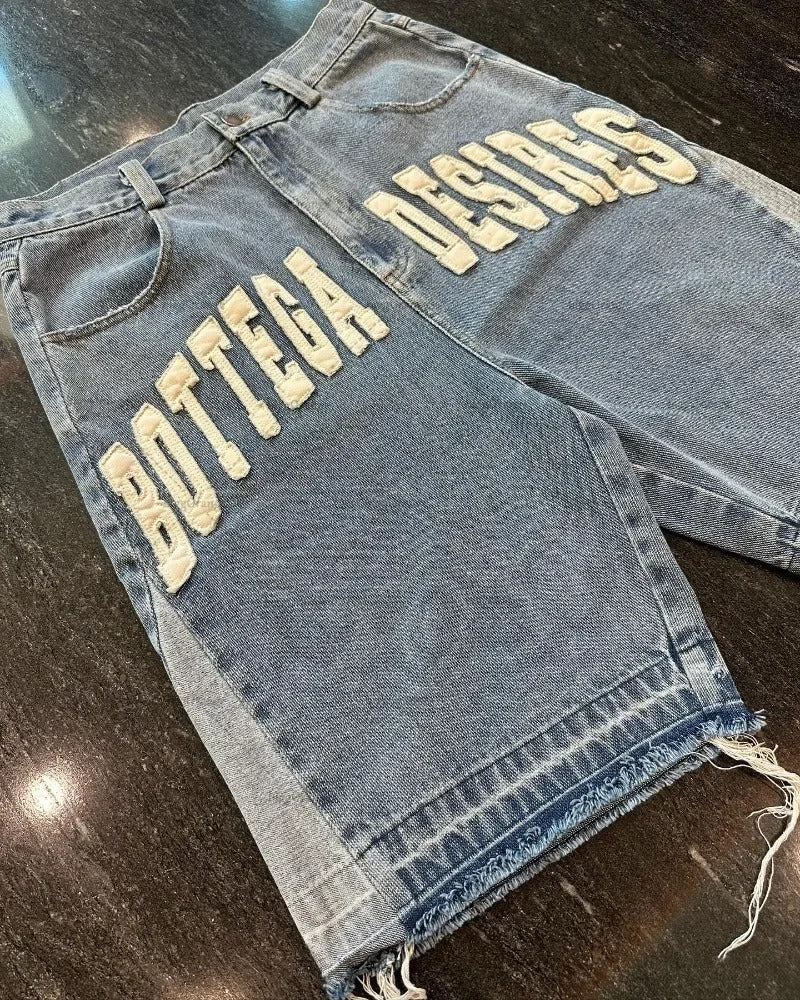 Y2K Embroidered Bone Casual Pants Loose Denim Shorts