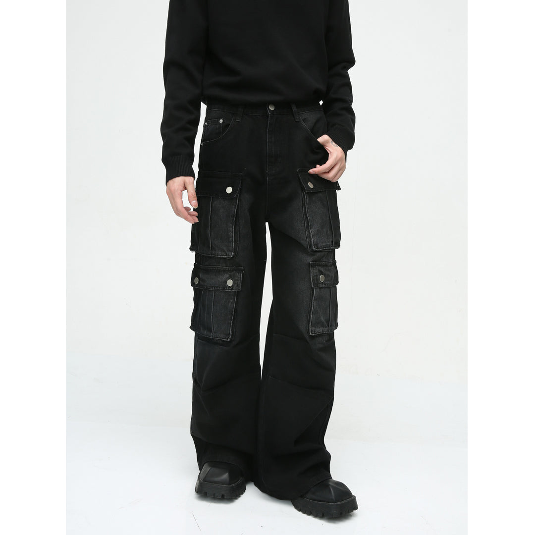 Heavy-Duty Retro Multi-Pocket Cargo-Style Wide-Leg Jeans