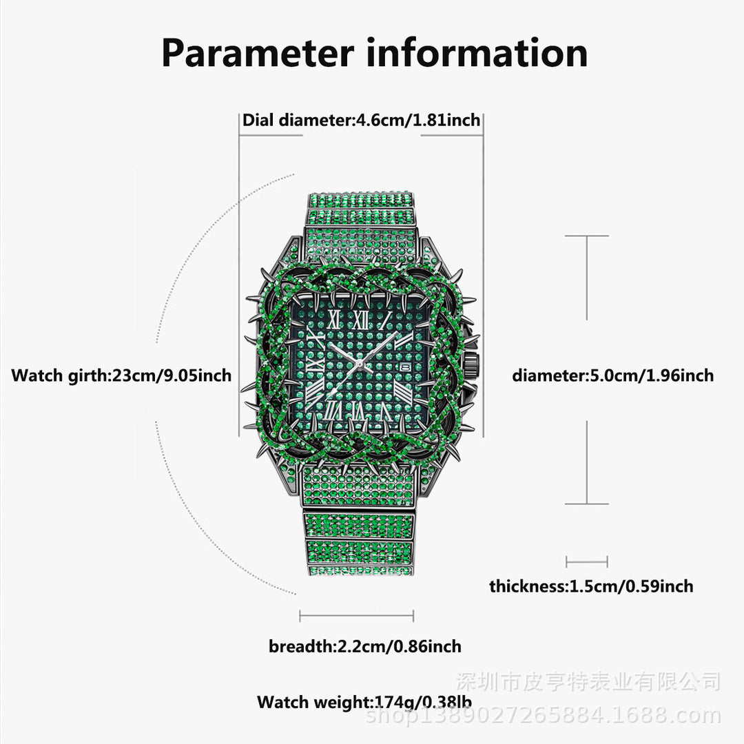 Square spiky dial, full diamond quartz watch