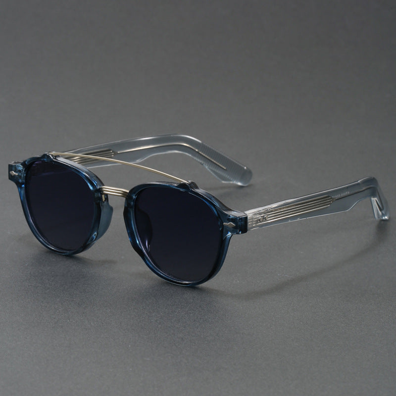 Retro Double Bridge Round Frame Slimming Sunglasses