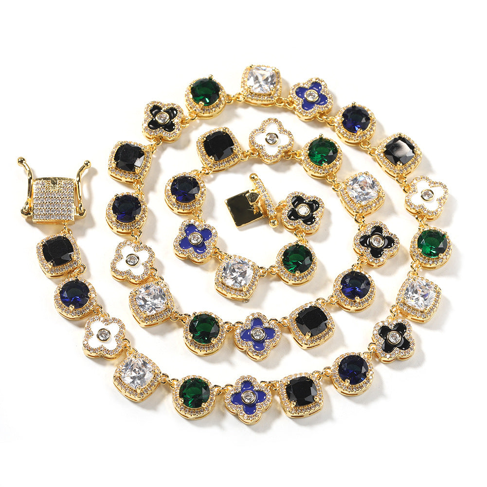 Hip-hop colorful rhinestone-encrusted flower necklace