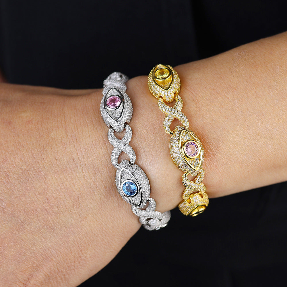 Eye-themed infinity bracelet with colored zircon, figure-eight chain