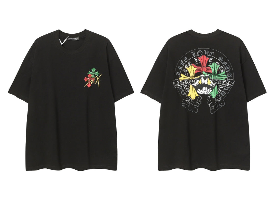 Chrome Heart horseshoe Sanskrit cross fluorescent wings T-shirt