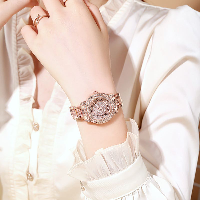 Women's Watch with Roman Numerals and Full Diamond Dial