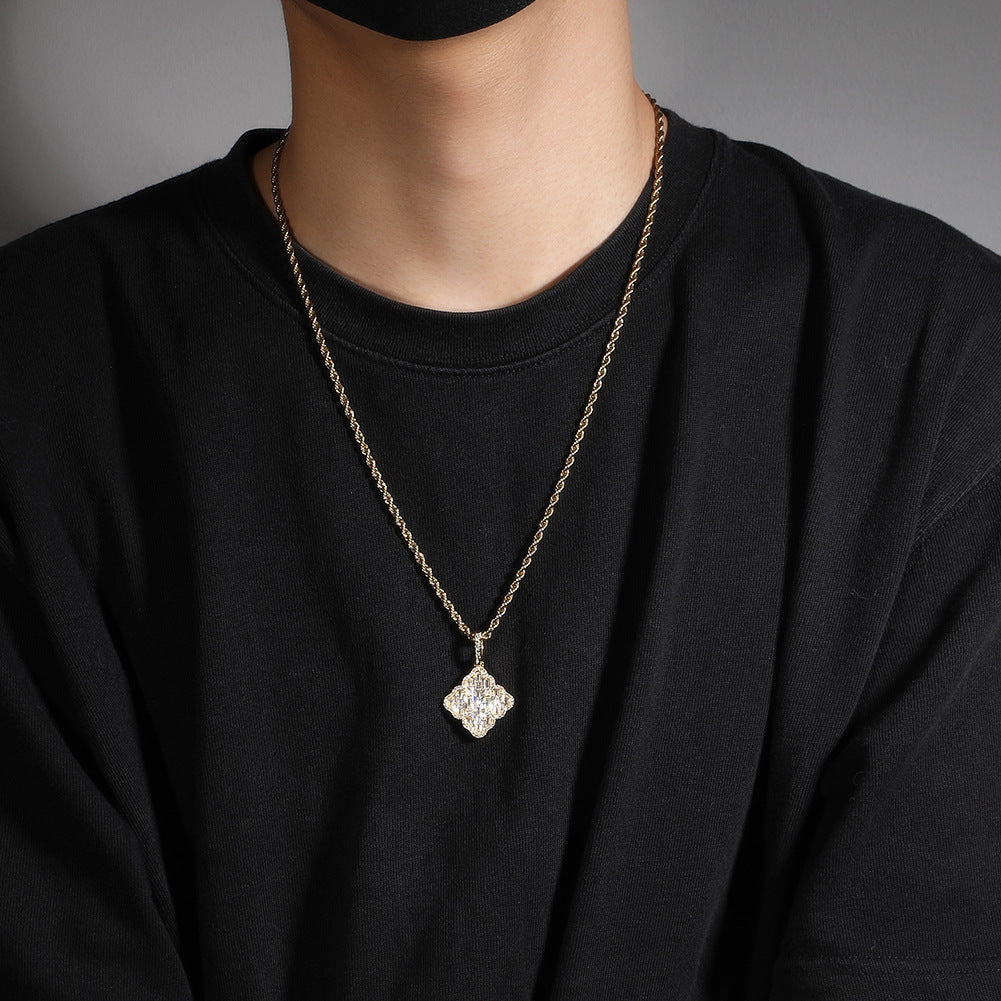 Full-diamond zircon four-leaf clover necklace