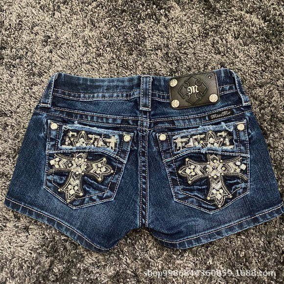 Rhinestone cross pattern embroidered versatile shorts