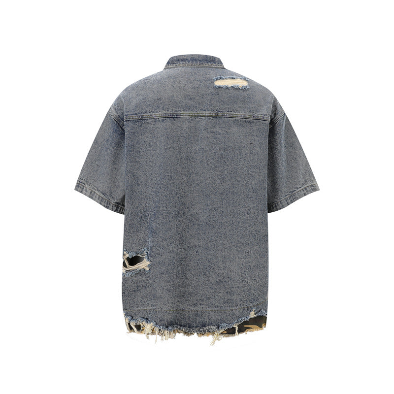 Raw-Hem Leopard-Print Patchwork Denim Shirt & Shorts Set