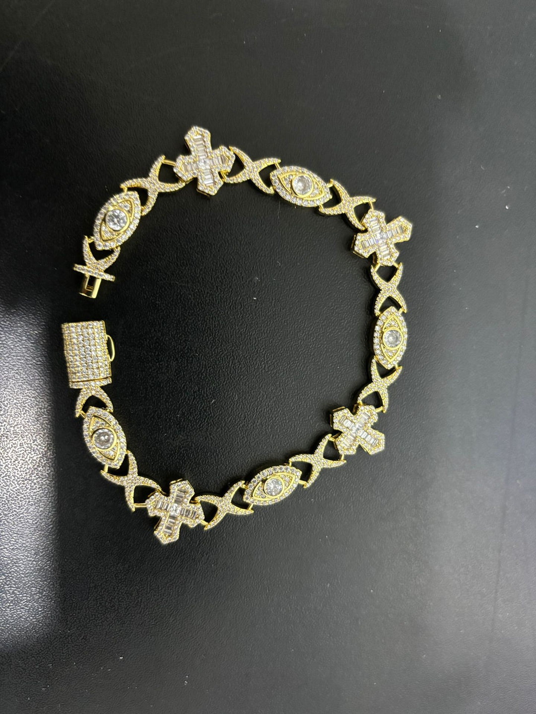 Hip-Hop Bracelet: Copper-Inlaid Zircon "Eye & Cross" Design