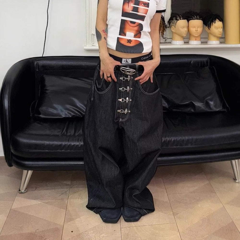 "Aircraft Buckle" Raw-Hem Curved-Leg Jeans