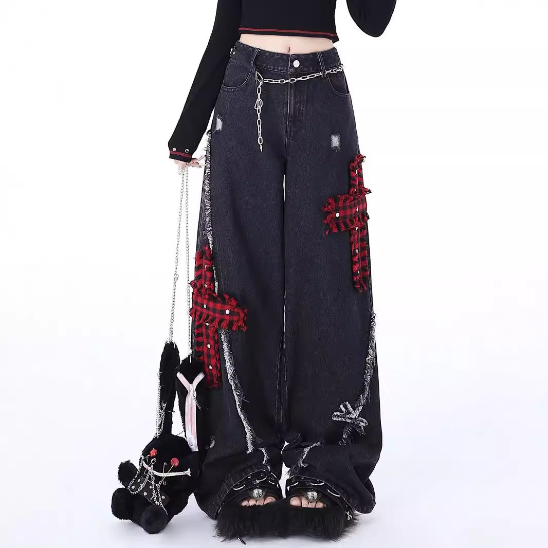 Rock-Punk Distressed Straight-Leg Wide-Leg Jeans
