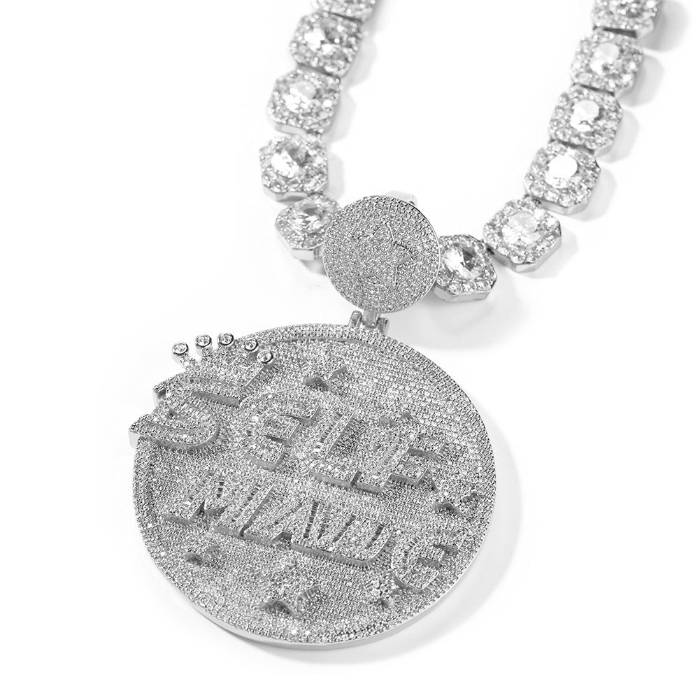 Self made hip-hop large diamond-encrusted disc necklace