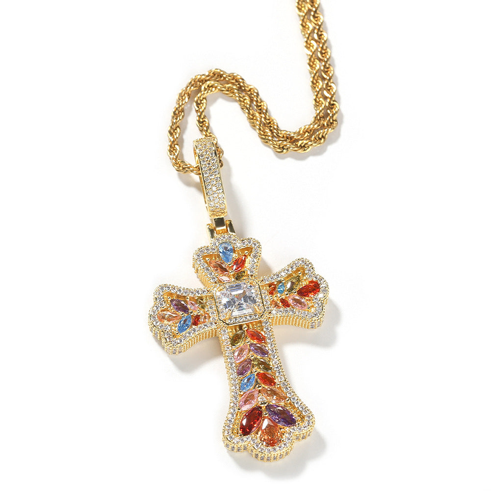 Hip-hop full diamond colorful wheat ear cross pendant