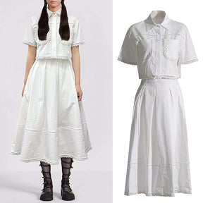 Lapel short-sleeved shirt + skirt lace embroidery two-piece suit for women