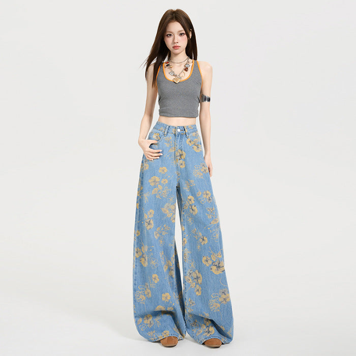 Y2K Floral Print Loose-Fit Flared Denim Trousers