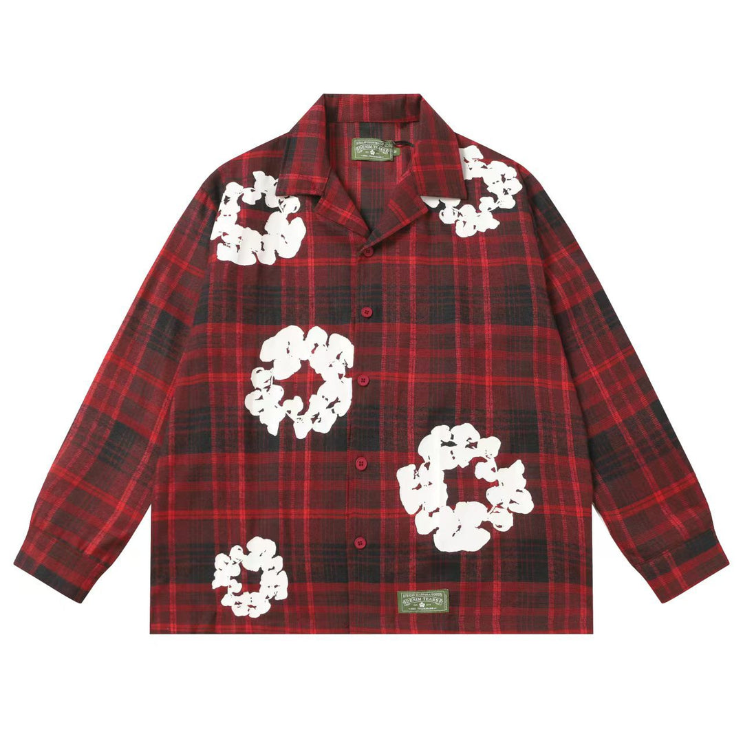 Kapok flower foam print plaid shirt set