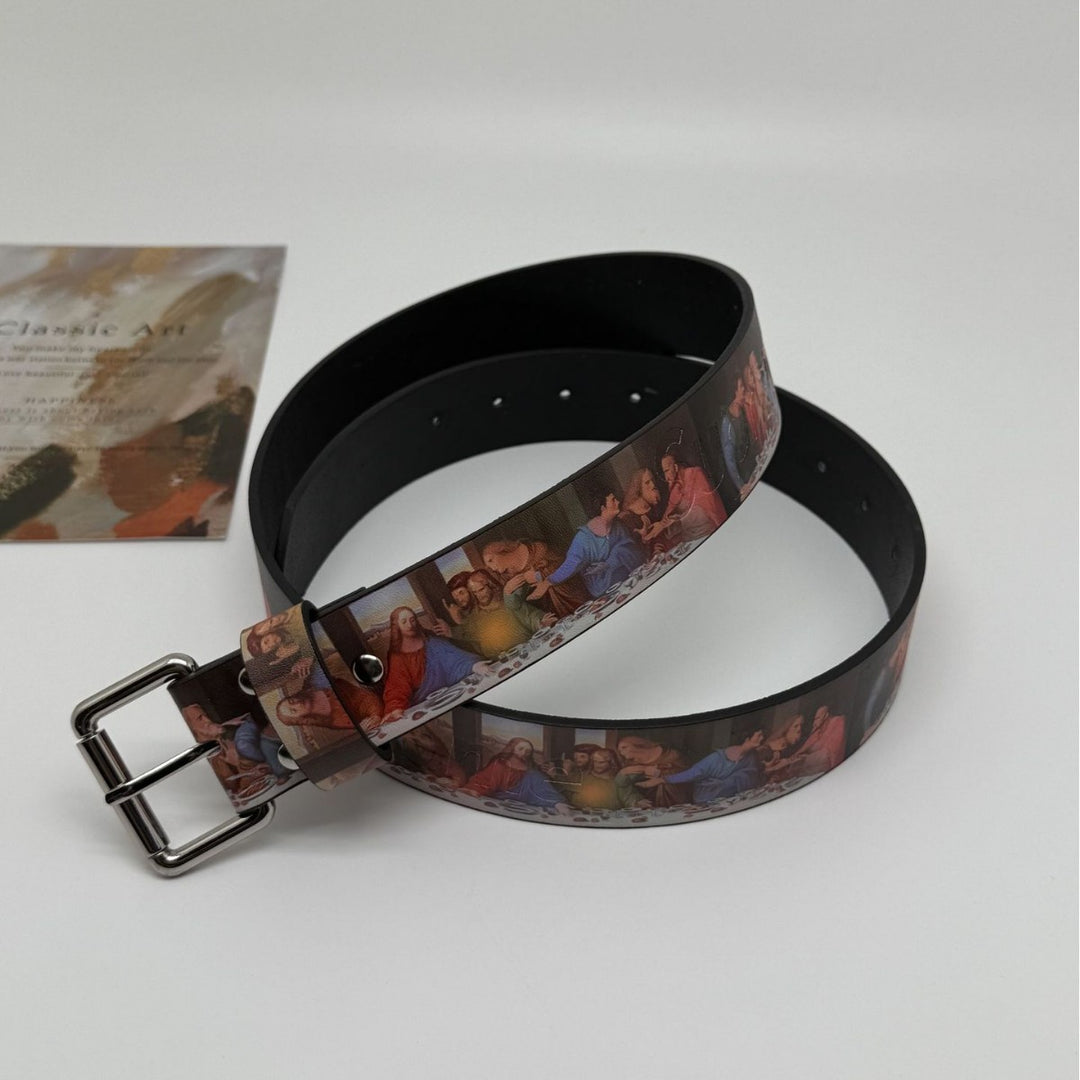 Belt with Letter Print and Metal Buckle