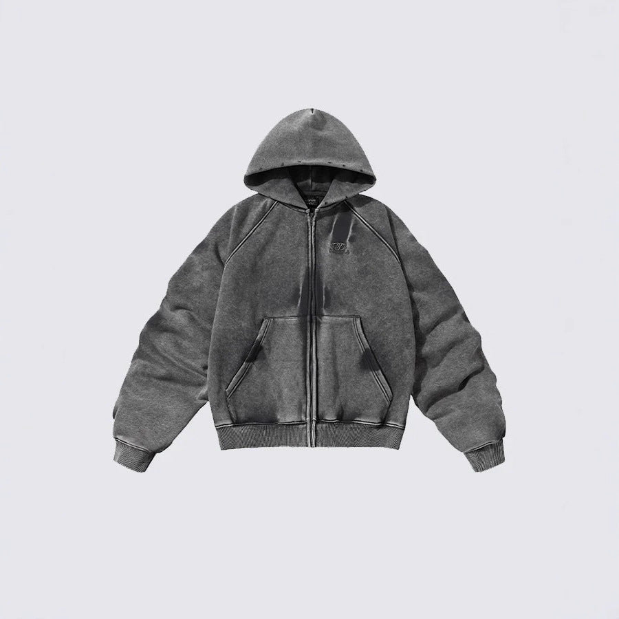 Distressed washed and pleated hooded sleeves