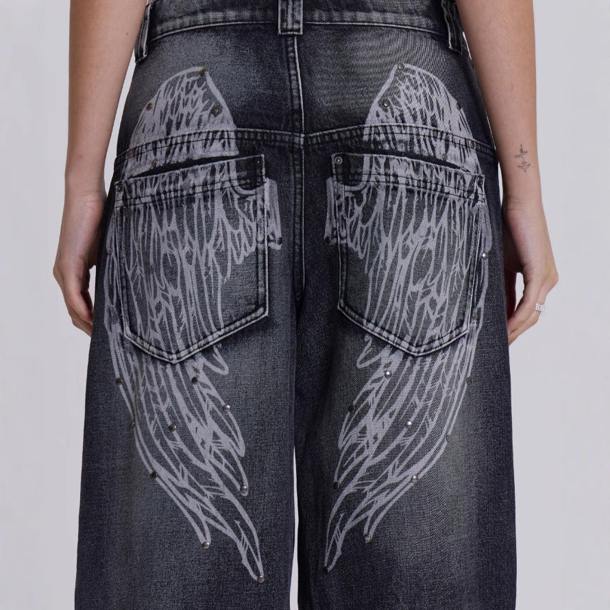 Washed & Distressed Wide-Leg Jeans with Gradient Wing Print