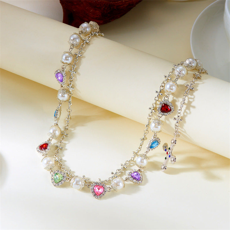 Multi-Color Gemstone, Pearl, and Cross Punk Waist Chain