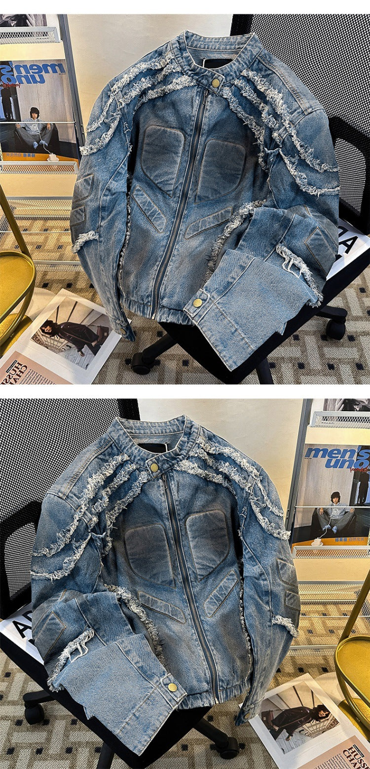 Embossed Raw-Hem Padded-Shoulder Denim Jacket
