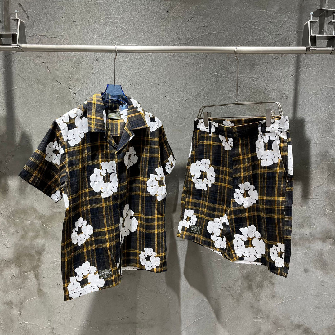 All-over print plaid short-sleeved shirt and shorts set
