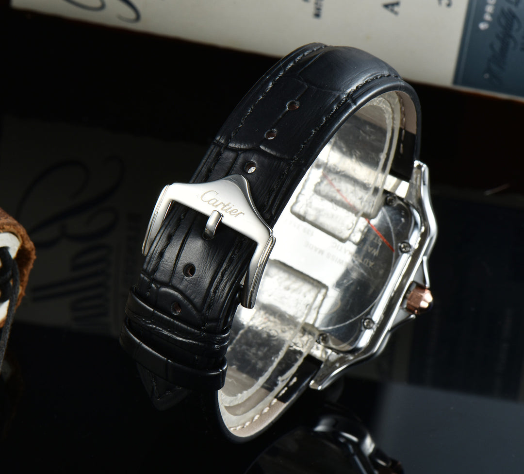 Leather Strap, Three-Hand Quartz Watch with Square Case