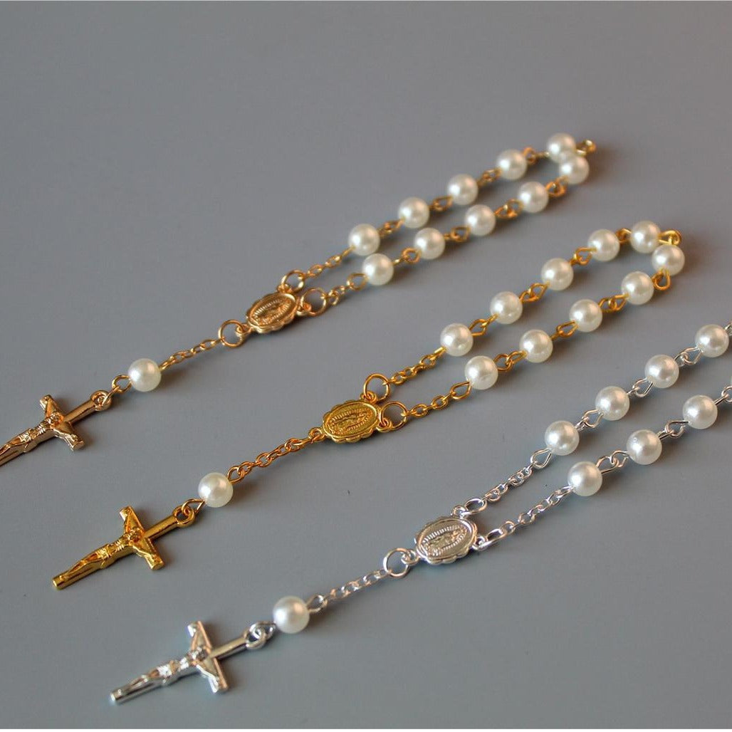 rosary pearl cross full moon blessing bracelet