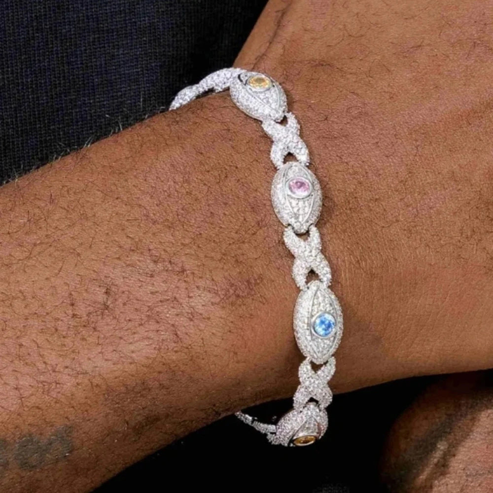 Eye-themed infinity bracelet with colored zircon, figure-eight chain