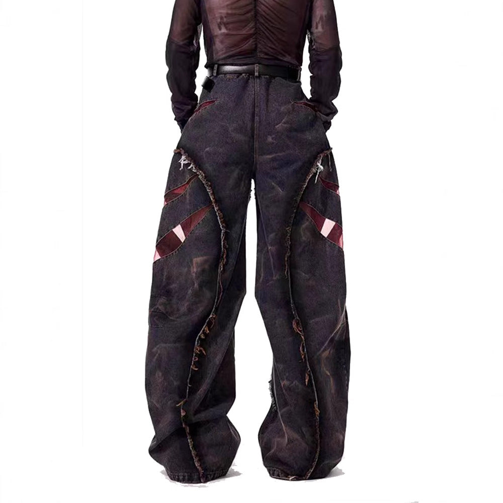 Frayed hem patchwork cutaway jeans