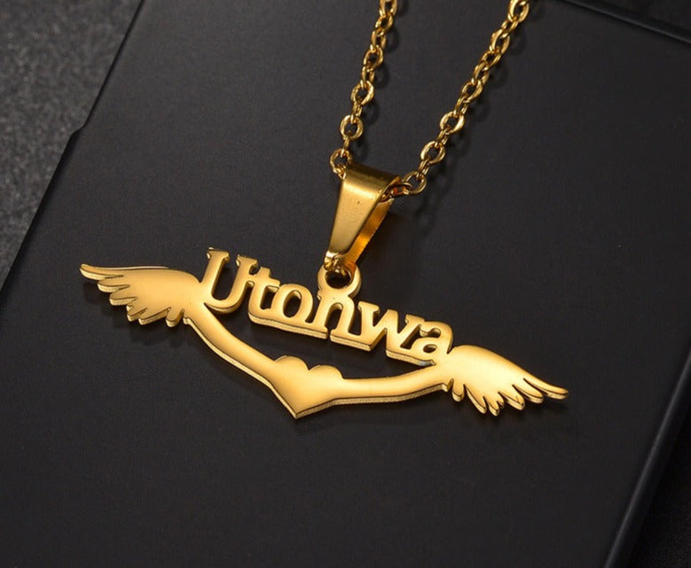 Personalized name necklace wings love pendant clavicle chain