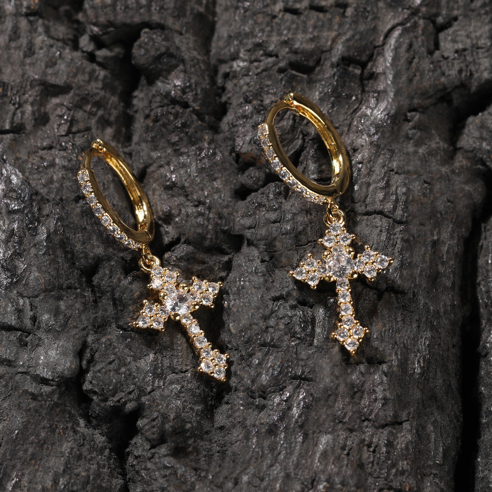 Hip-hop cubic zirconia cross earrings