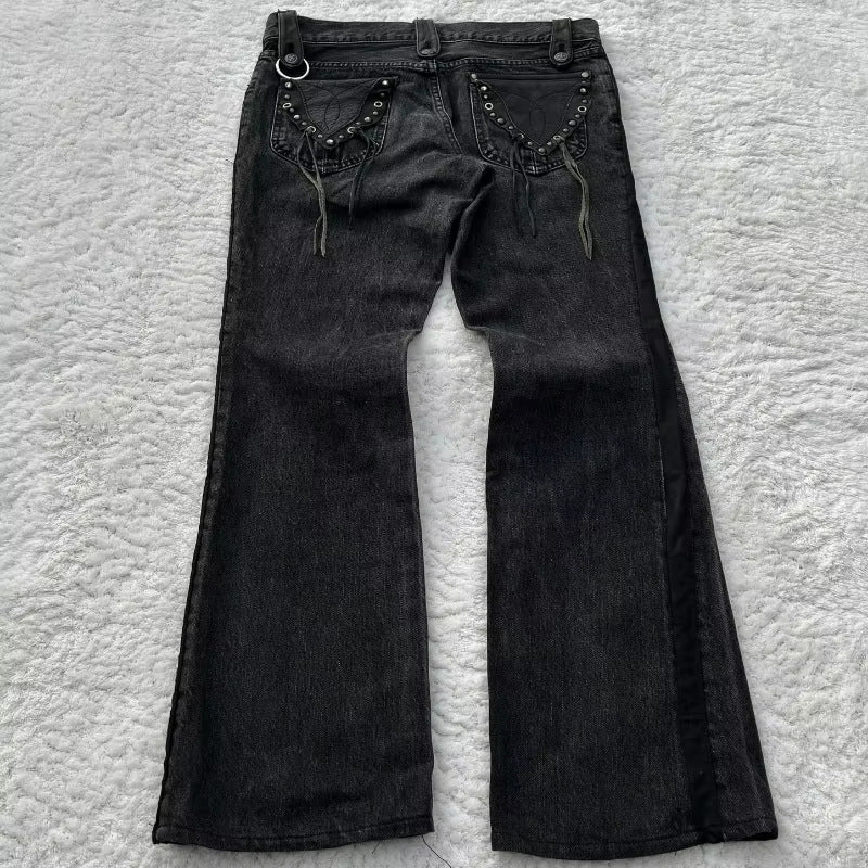 Y2K dark style cross print washed flared jeans