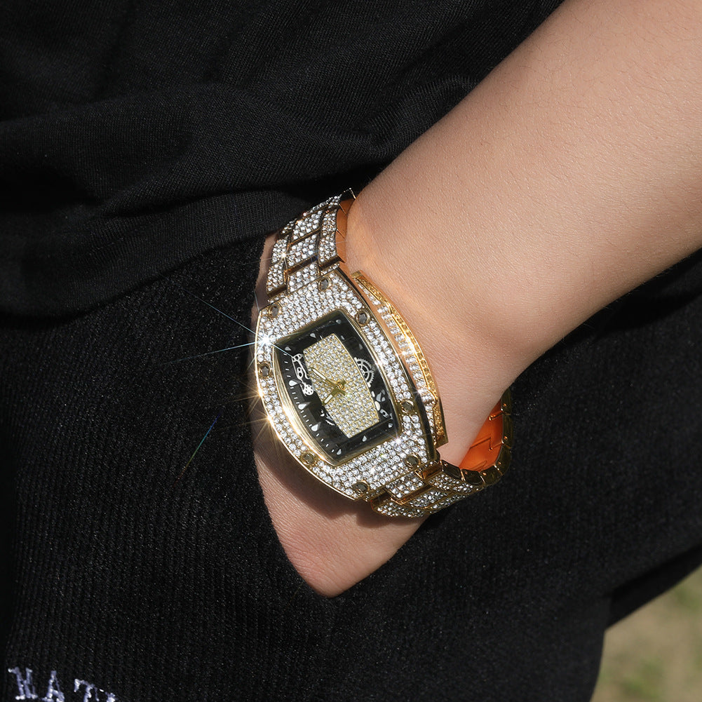 Diamond-set color-blocked hip-hop tonneau-shaped watch