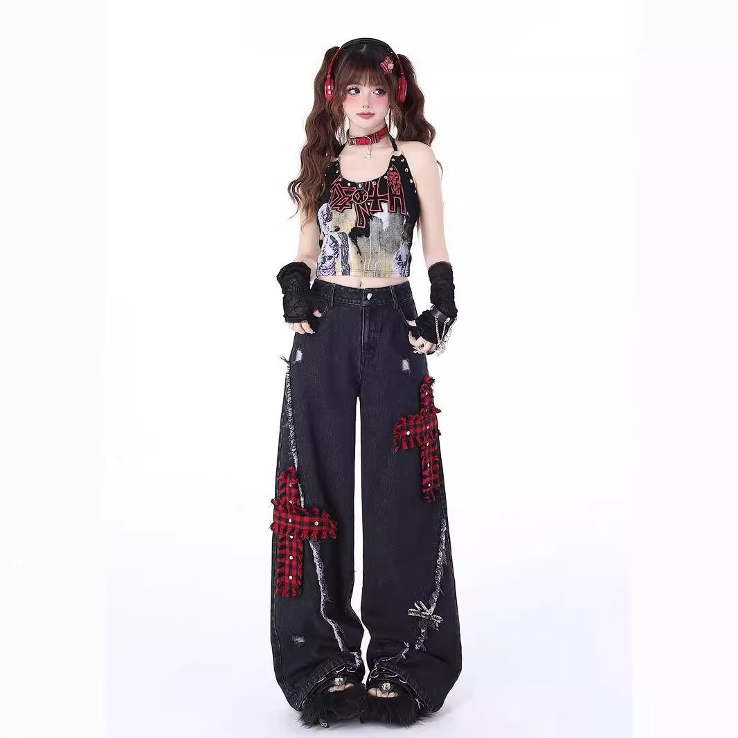 Rock-Punk Distressed Straight-Leg Wide-Leg Jeans