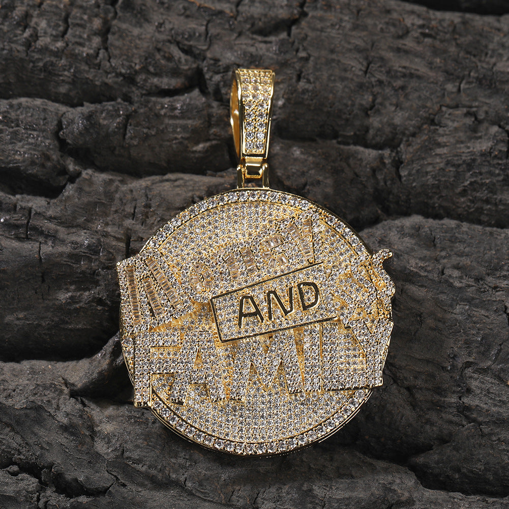 "Money and Family" letter pendant round disc necklace