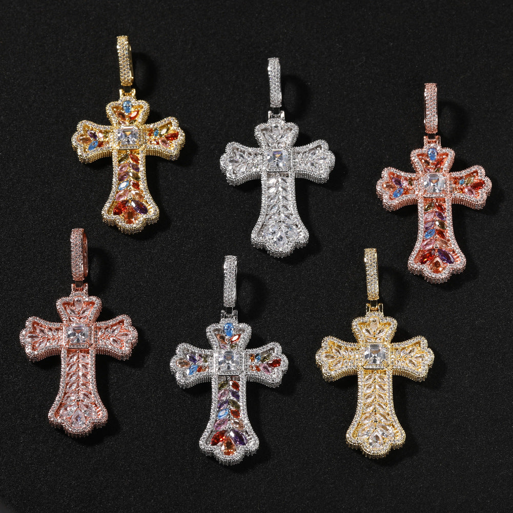 Hip-hop full diamond colorful wheat ear cross pendant