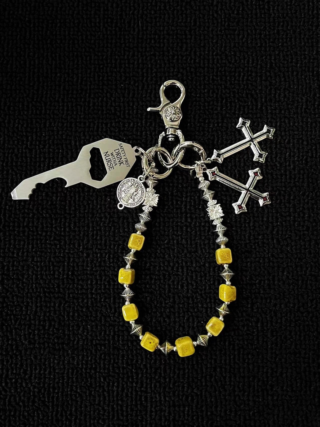 Vintage Blue Ceramic Bead Keychain with Cross Charms