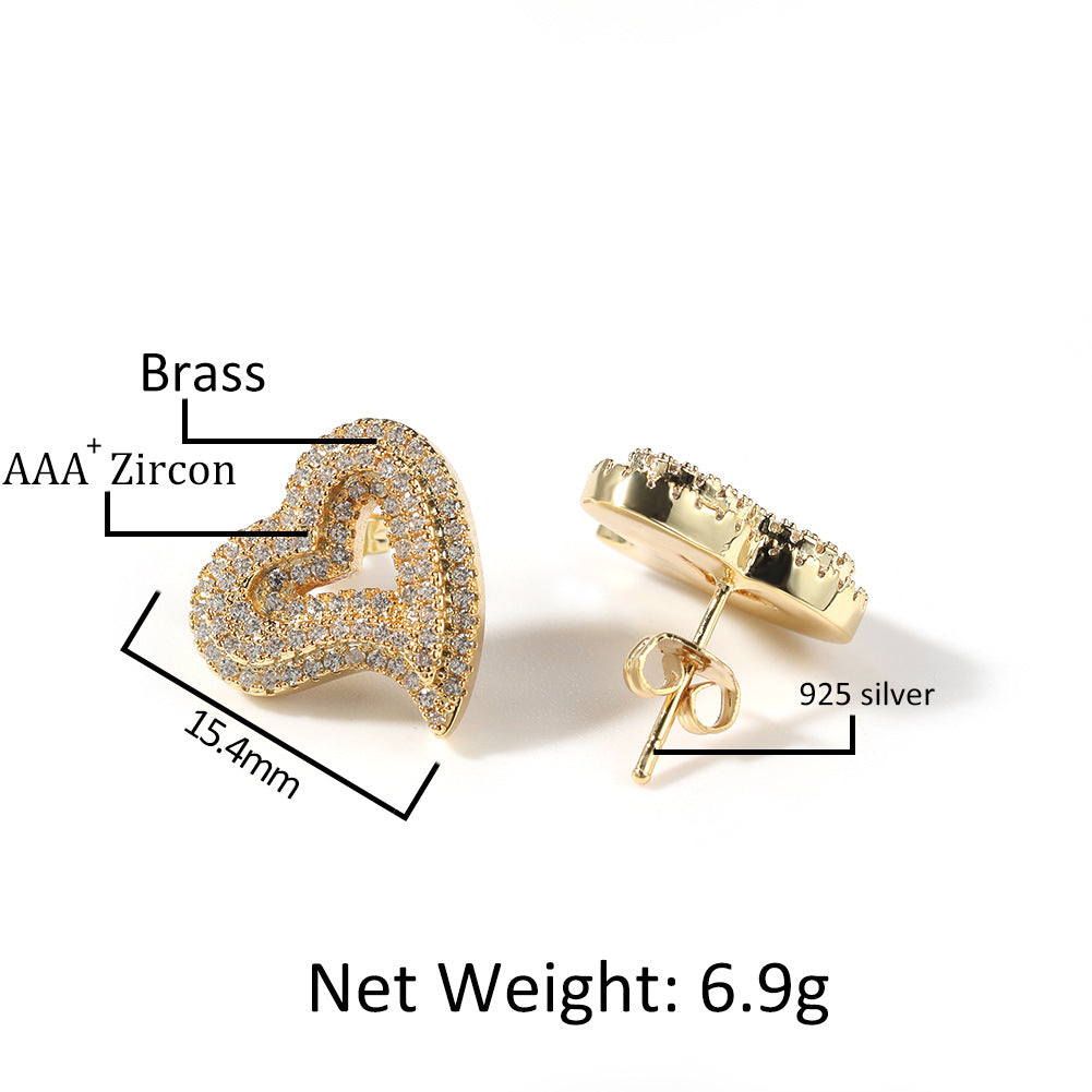 Hip-hop exaggerated zircon hollow heart earrings