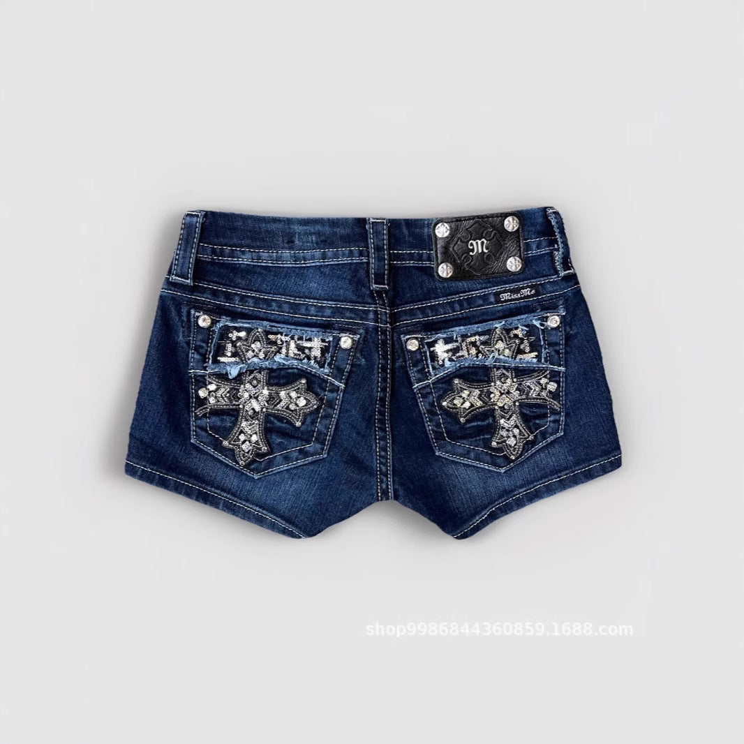 Rhinestone cross pattern embroidered versatile shorts
