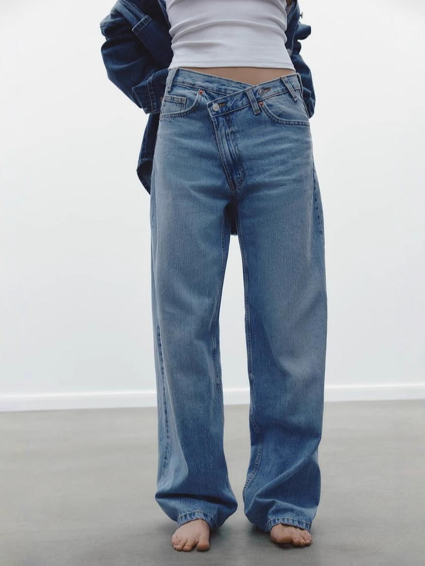 Y2K irregular design straight leg denim jeans for women