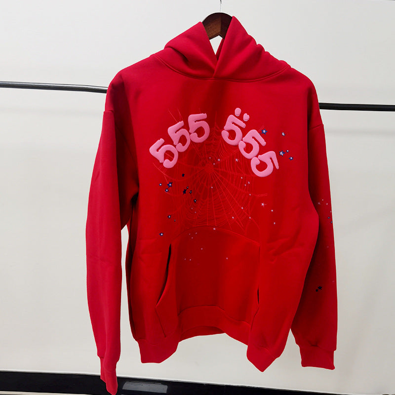 Sp5der fleece-lined hoodie with spiderweb print.