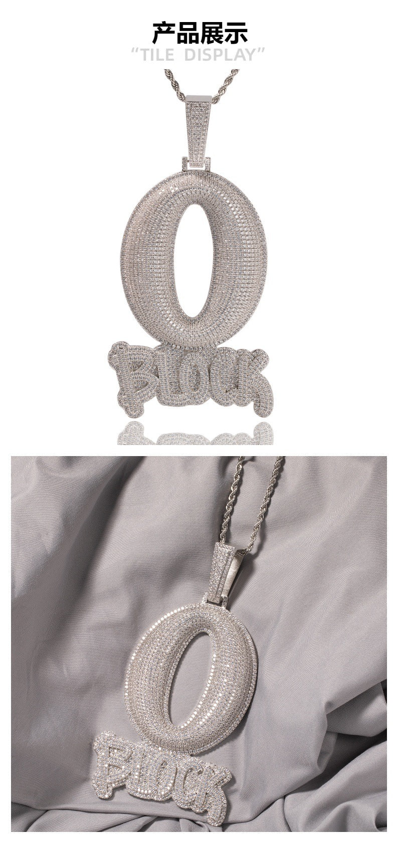 Large "O BLOCK" Letter Pendant with Zirconia Inlay