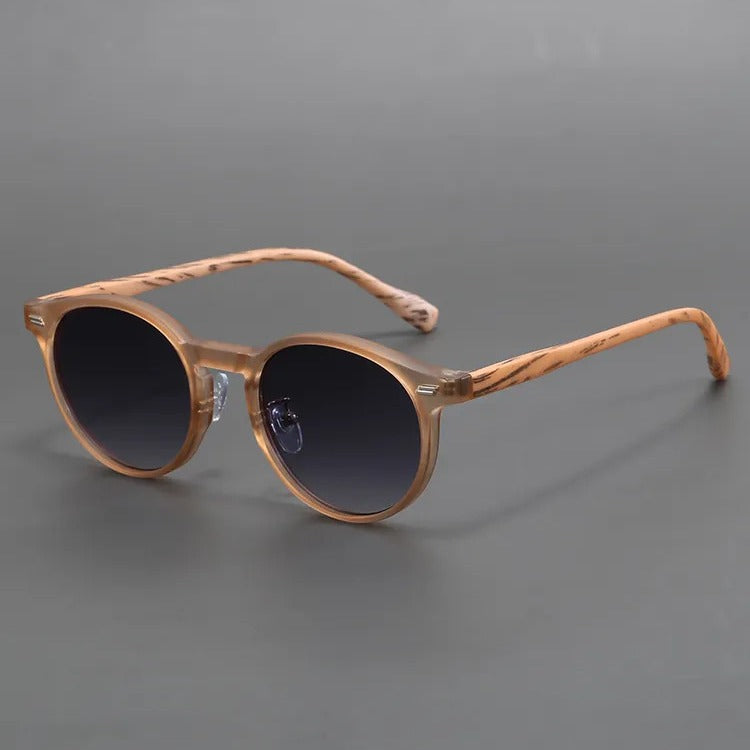Frosted round frame sunglasses with fake wood frames