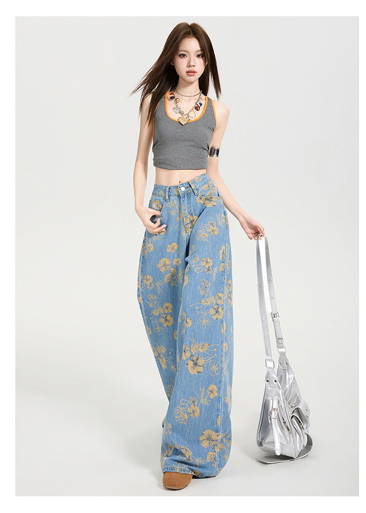 Y2K Floral Print Loose-Fit Flared Denim Trousers