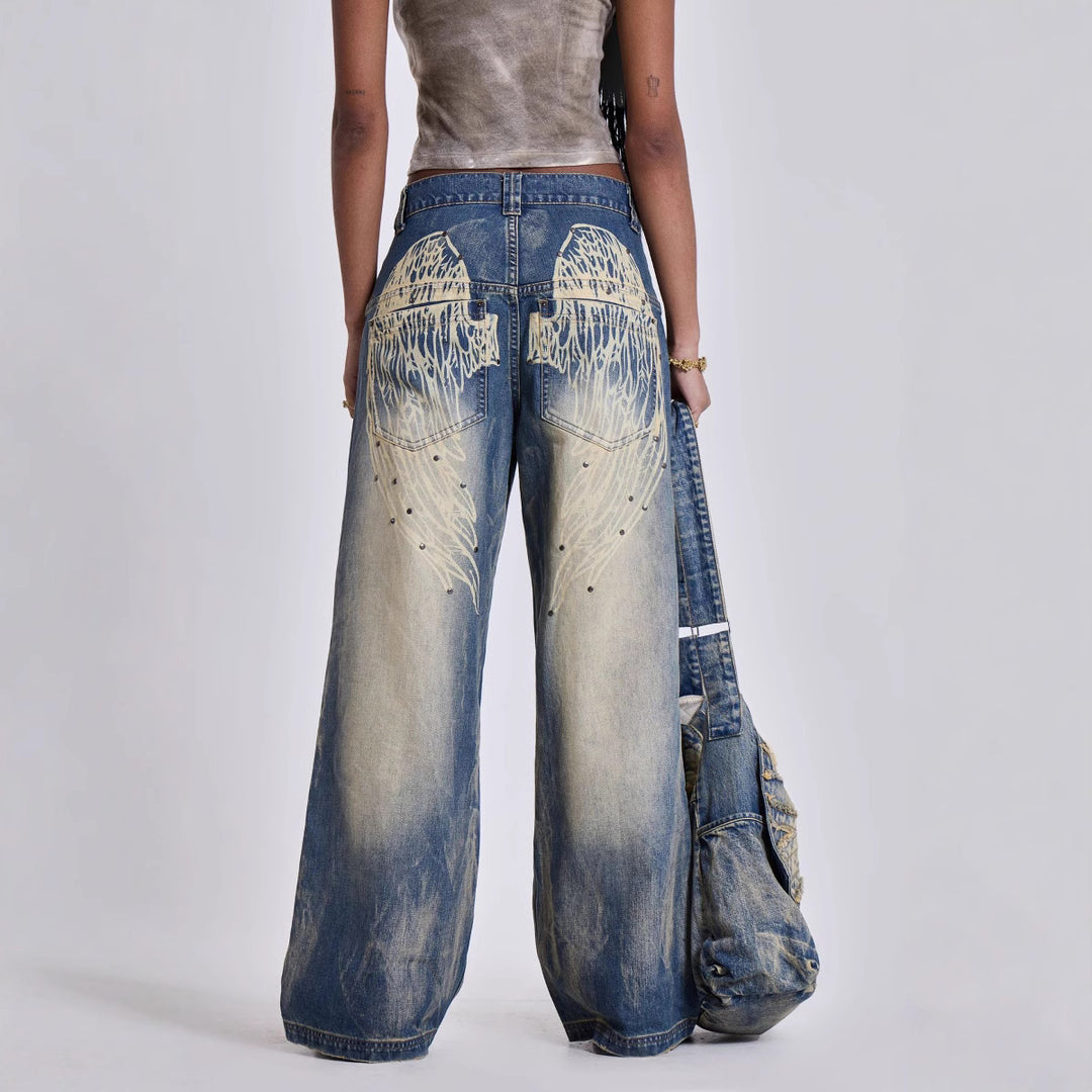 Washed & Distressed Wide-Leg Jeans with Gradient Wing Print
